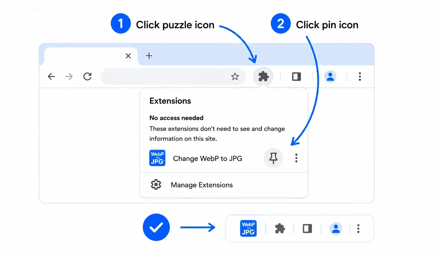 Step 1: click the puzzle icon in the Chrome toolbar, then click the pin next to Change WebP to JPG. The icon is now pinned to your toolbar.