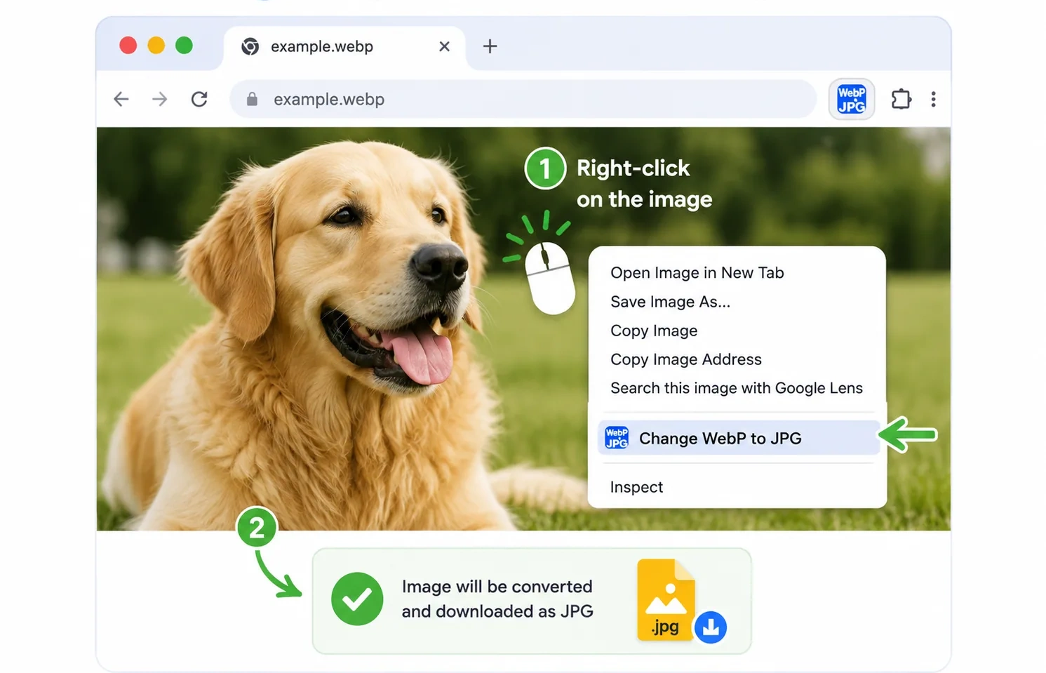 Way two: right-click any image on a page (or a local WebP file opened in Chrome) and choose Change WebP to JPG. The image is converted and downloaded as a JPG.